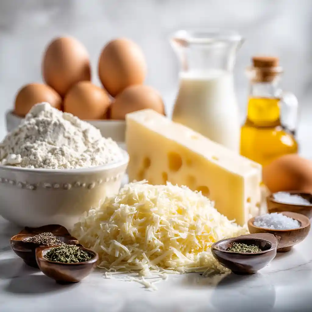 Ingrédients pour muffins au fromage disposés sur un plan de travail : farine, œufs, gruyère râpé, lait et huile