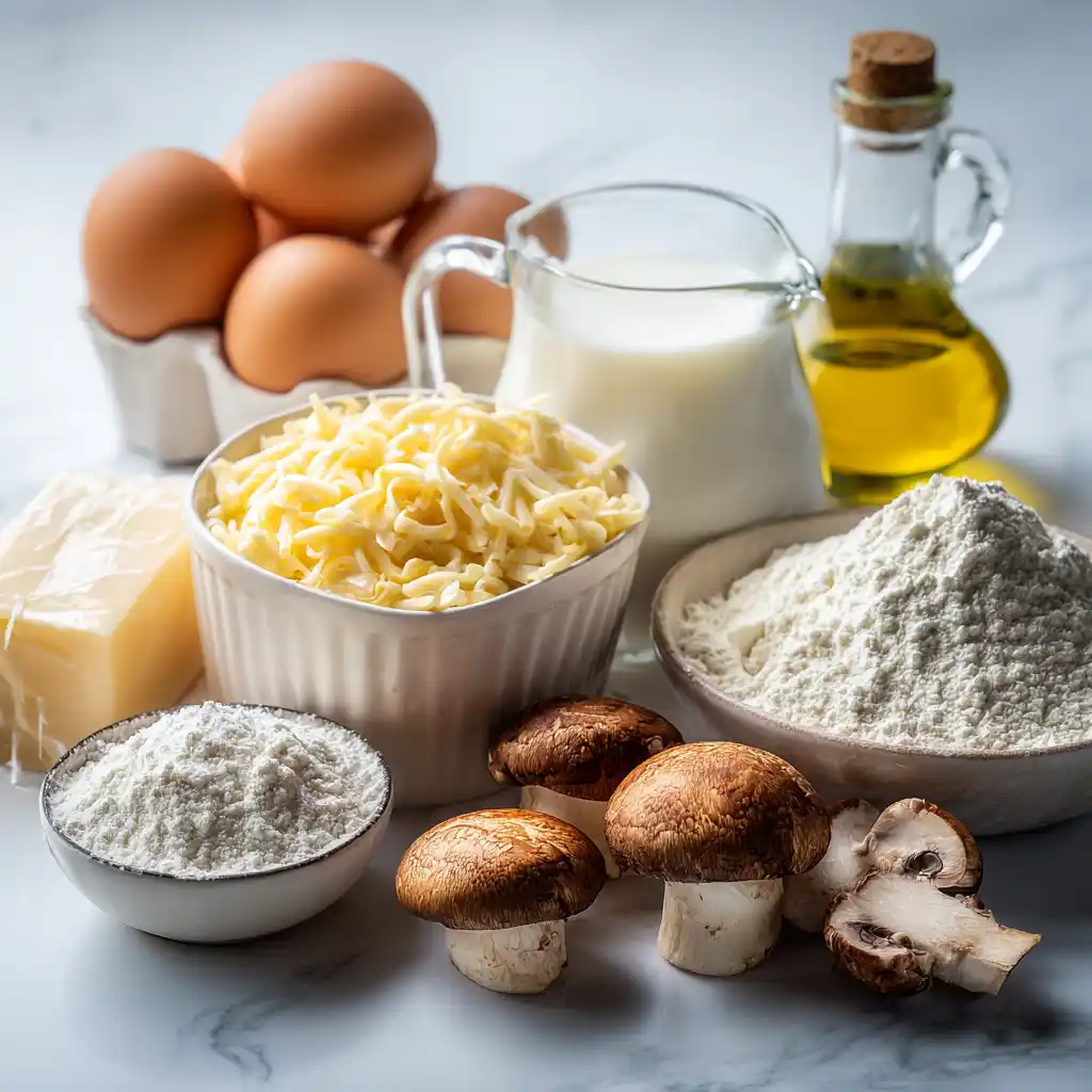 Ingrédients pour muffins aux champignons disposés sur plan de travail - œufs, champignons, farine, fromage