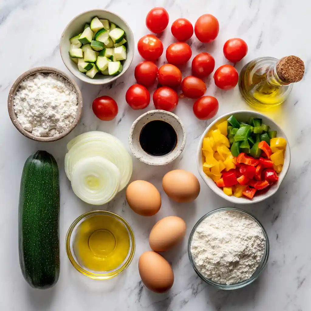 Tous les ingrédients pour la recette de muffins aux légumes: tomates, courgette, poivrons, œufs, fromage comté et herbes