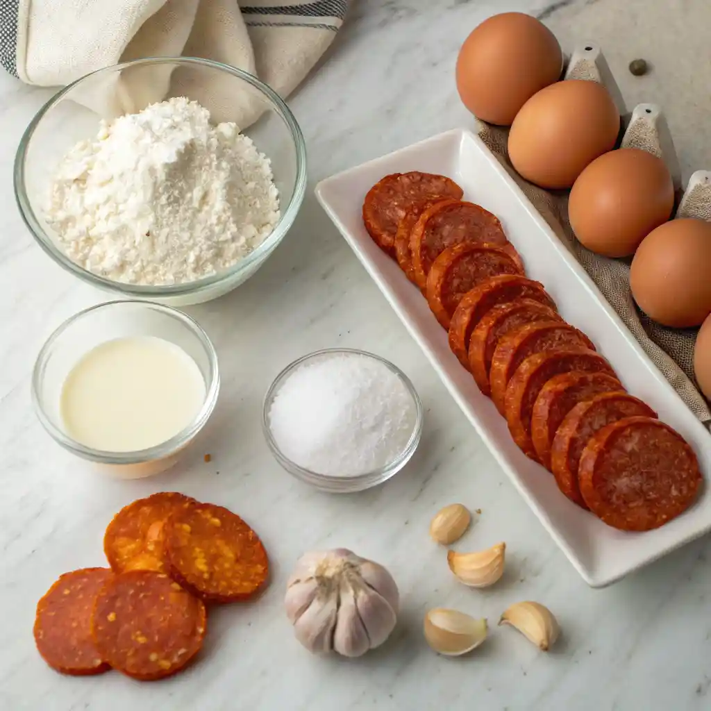 Ingrédients pour recette muffins au chorizo - farine, œufs, poivron, chorizo fort, ail frais, lait et huile d'olive extra vierge