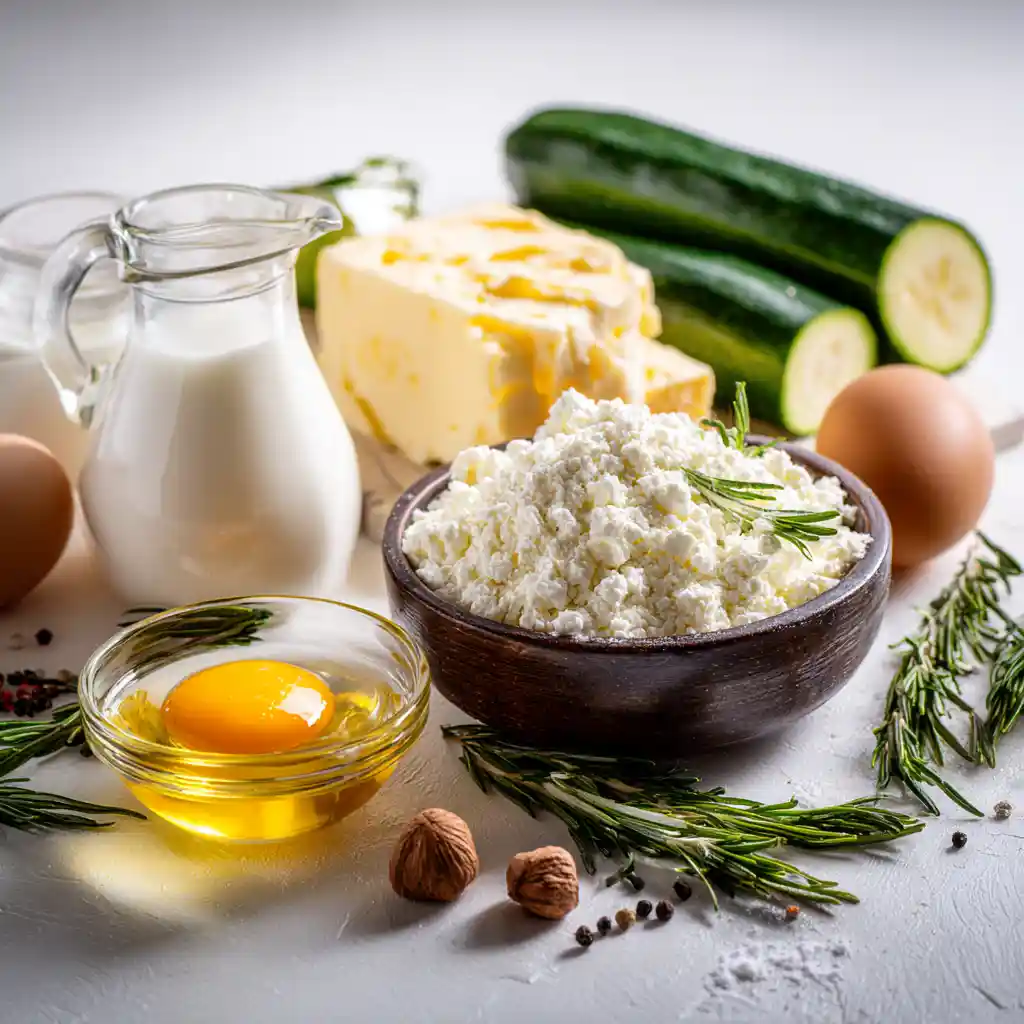 Ingrédients pour muffins courgettes feta : courgettes fraîches râpées, feta light, œuf, lait, farine, romarin frais, huile d'olive, assaisonnements