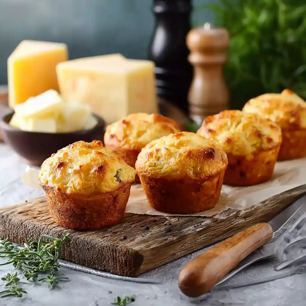 Muffins au fromage dorés et moelleux sur une planche en bois, parfaits pour l'apéritif