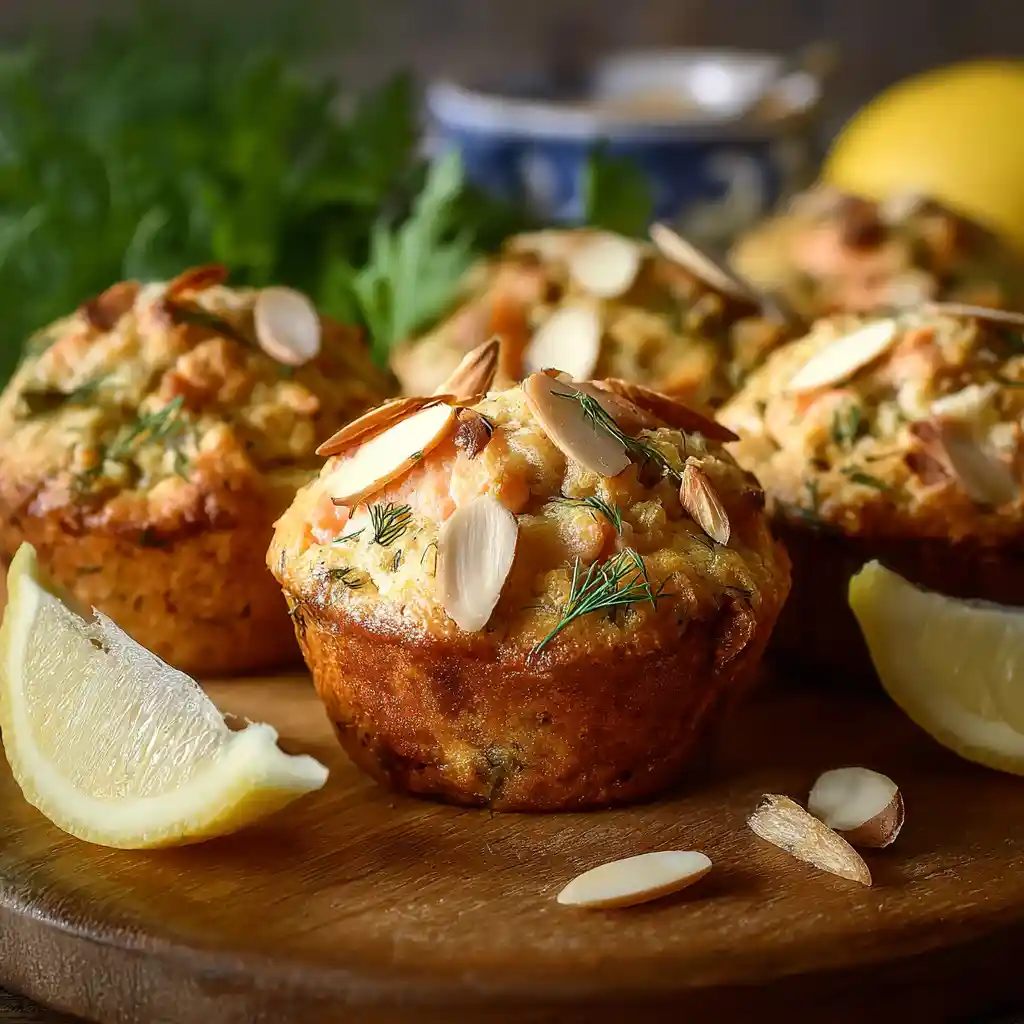 muffins au saumon fumé dorés avec amandes effilées sur plateau en bois - apéritif élégant méditerranéen