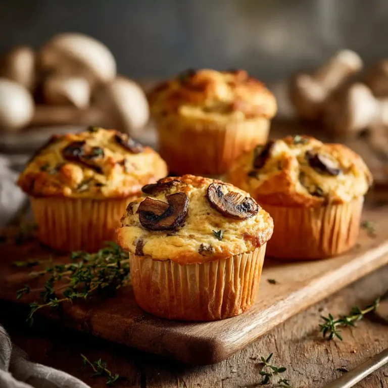 Muffins aux champignons dorés servis sur planche en bois avec champignon entier surprise au centre