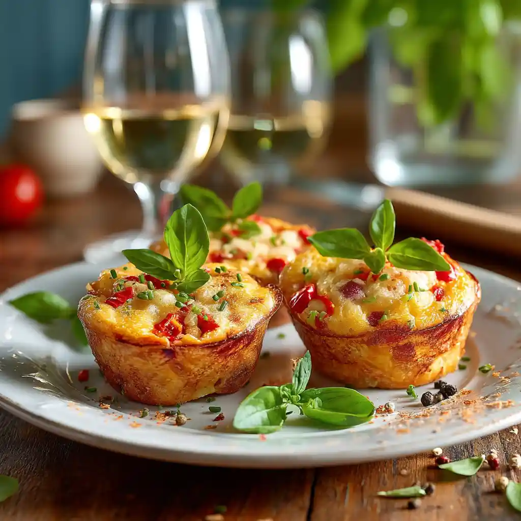 Présentation élégante de muffins aux légumes servis avec du basilic frais et du piment d'Espelette