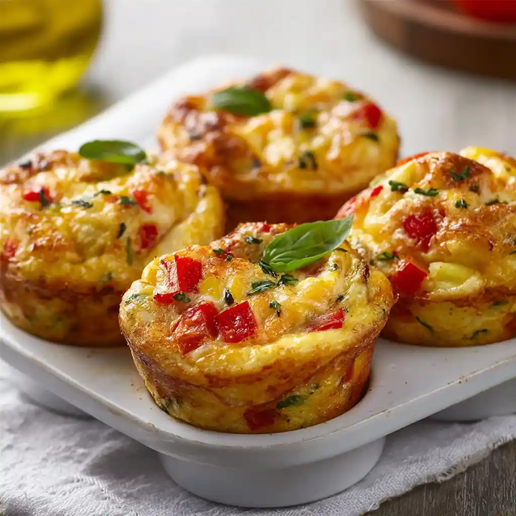Muffins aux légumes dorés sortis du four avec tomates cerises, courgettes, poivrons colorés et comté fondant