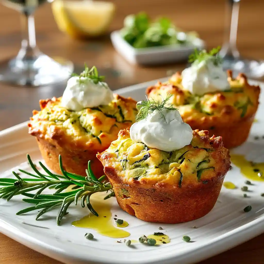 Muffins courgettes feta servis chauds avec accompagnement crème fraîche et herbes fraîches, présentation élégante pour apéritif