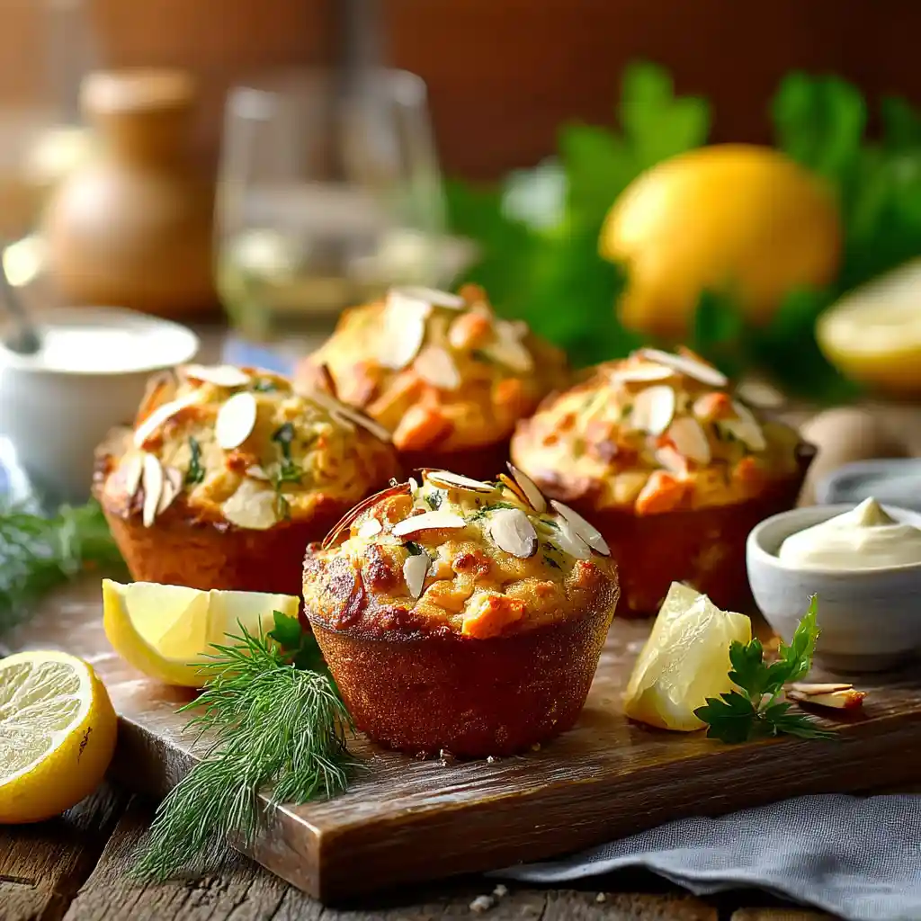 Muffins au saumon fumé dorés servis sur plateau en bois avec citron frais
et herbes - apéritif élégant prêt à déguster