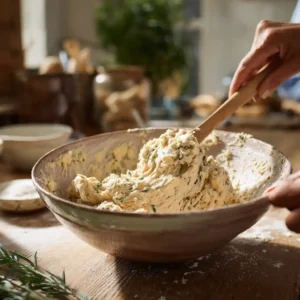 Mains mélangeant la pâte crémeuse de cookies salés chèvre avec spatule dans un grand bol