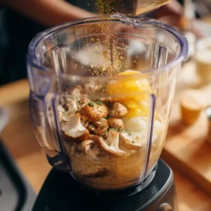 Mixer champignons et œufs au blender pour pâte à muffins aux champignons - étape de préparation