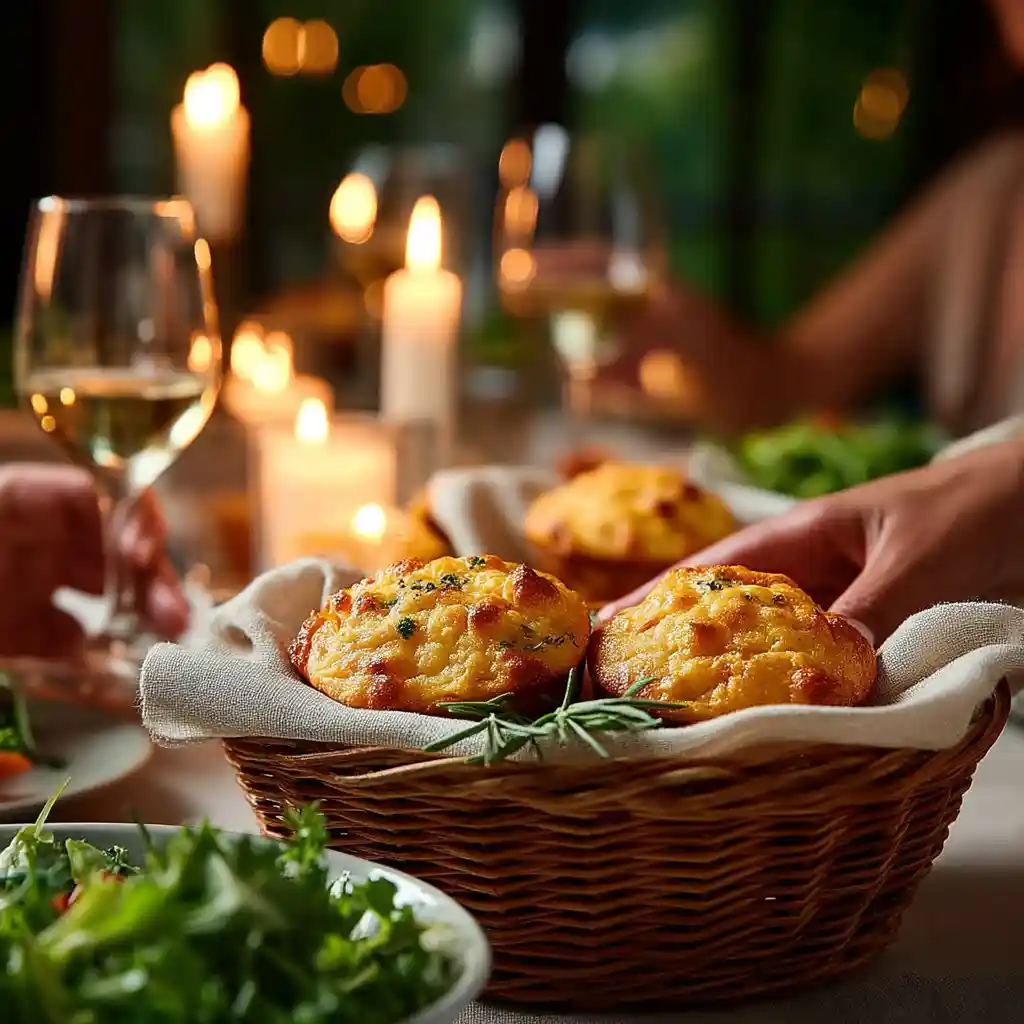 Muffins au fromage servis à l'apéritif dans un panier en lin avec salade verte et verres de vin