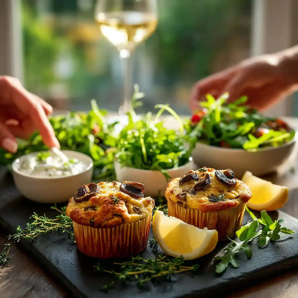 Muffins aux champignons servis à l'apéritif avec crème citronnée et vin blanc sur ardoise