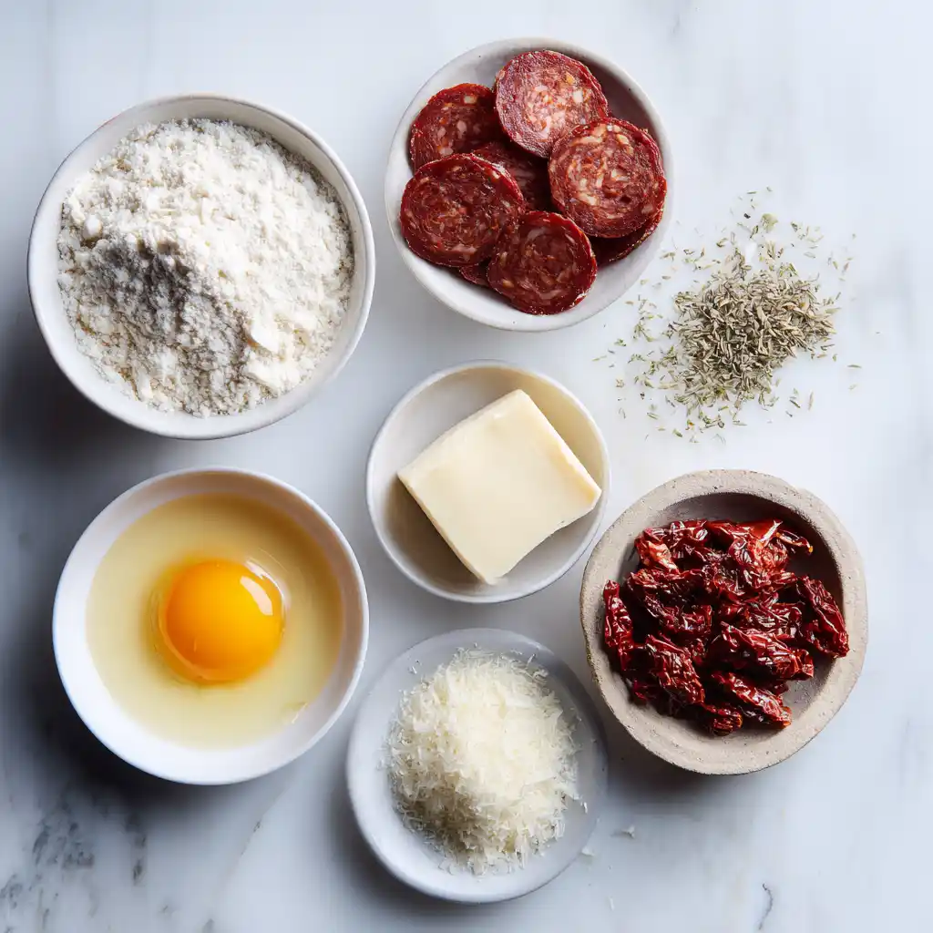 Ingrédients pour cookies chorizo : chorizo tranché, tomates séchées, parmesan, farine et herbes posés sur marbre blanc