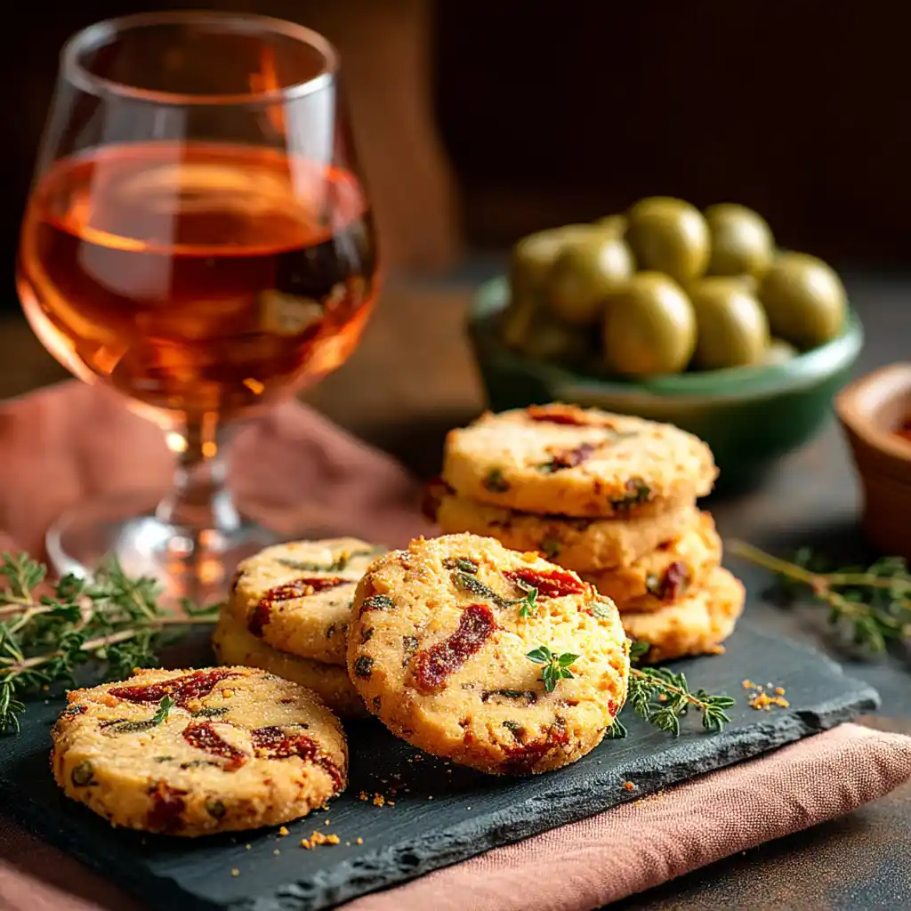 Plateau apéritif avec cookies chorizo dorés, olives et verre de rosé sur fond de lin beige