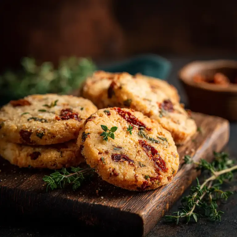 Cookies chorizo aux tomates séchées et parmesan, dorés et croustillants sur une planche en bois rustique
