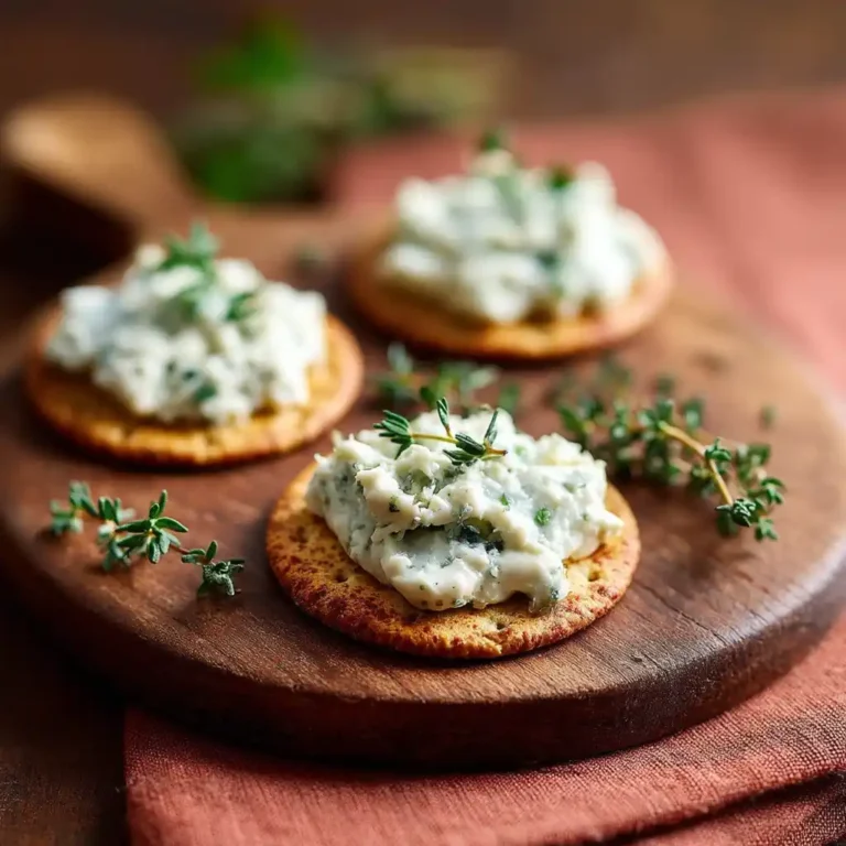 Crackers maison garnis de tartinade aux poireaux et Roquefort servis sur une planche en bois