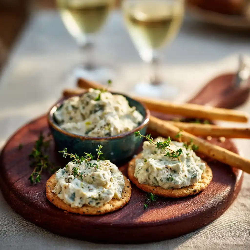 Plateau apéritif avec crackers maison tartinés de poireaux-Roquefort servis avec gressins et pain
