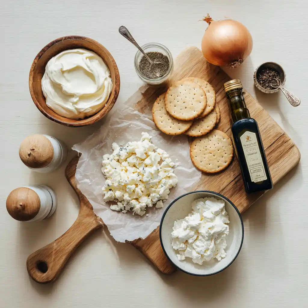 Ingrédients pour crackers maison : poireaux, Roquefort, fromage frais, huile d'olive et vinaigre balsamique