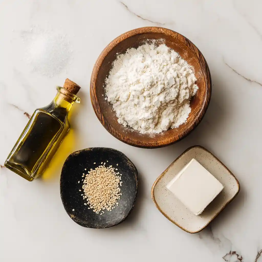 Ingrédients pour gressins maison : farine, levure fraîche, huile d'olive, sel et graines de sésame