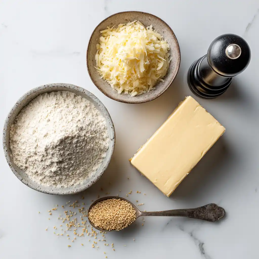 Ingrédients des sablés salés originaux : farine, beurre salé, fromage râpé, sésame doré