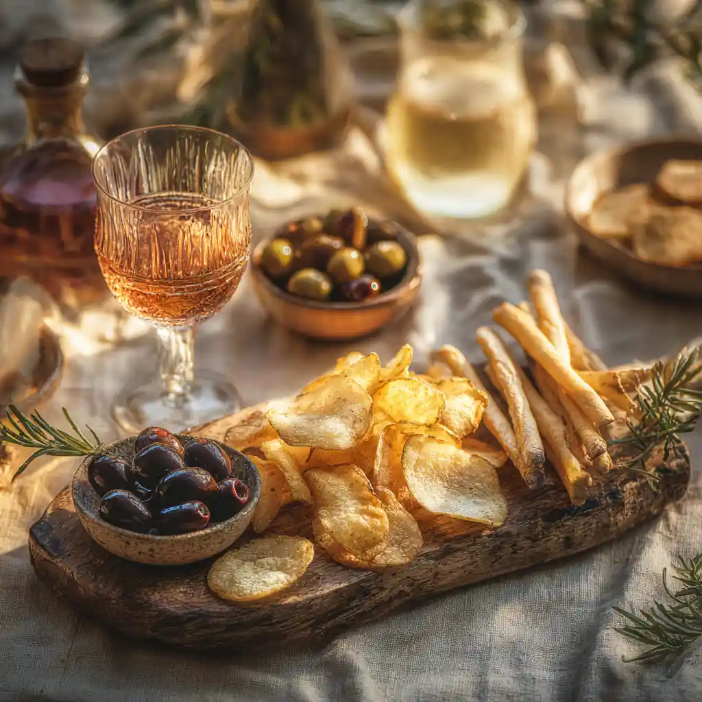 Chips au four servies à l'apéritif sur une planche en bois avec olives, gressins et un verre de rosé