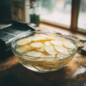 Rondelles de pommes de terre trempant dans un bol d'eau froide, étape clé pour réussir des chips au four croustillantes