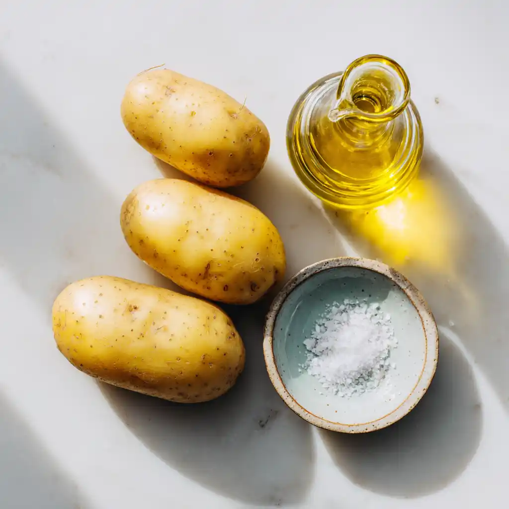 Ingrédients pour chips au four : pommes de terre Charlotte, huile d'olive vierge extra et fleur de sel sur marbre blanc
