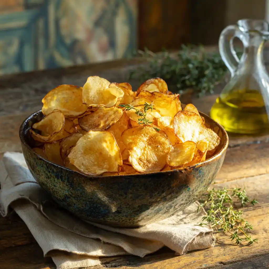 Chips au four maison dorées et croustillantes dans un saladier en céramique, sur une table en bois provençale avec un verre de rosé