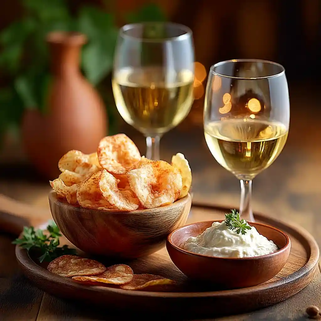 Plateau apéritif avec chips aux crevettes maison, dip aux câpres et verre de vin blanc