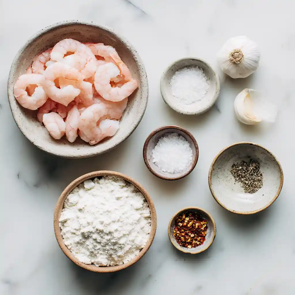 Ingrédients pour chips aux crevettes maison : crevettes crues, farine de tapioca, ail, sel, poivre et piment