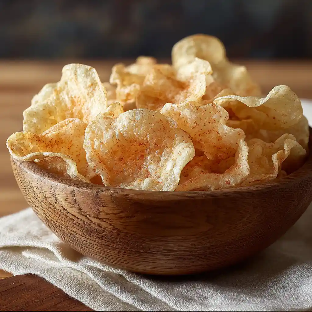 Chips aux crevettes maison croustillantes servies dans un bol en bois sur une table en bois clair