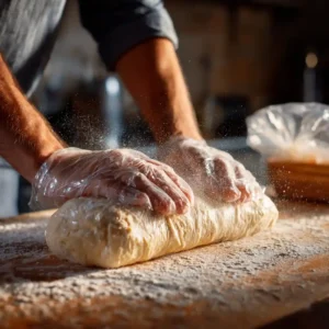 Préparation de la pâte pour chips aux crevettes : boudin de pâte façonné à la main avant enveloppement dans le film alimentaire