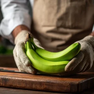 Épluchage d'une banane plantain verte pour préparer des chips de banane maison