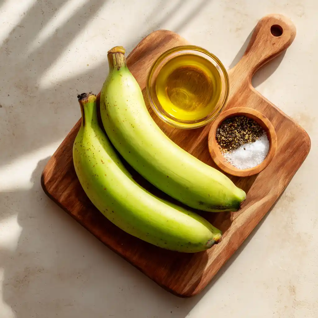 Ingrédients pour chips de banane : deux bananes plantain vertes, huile et épices sur plan de travail en bois