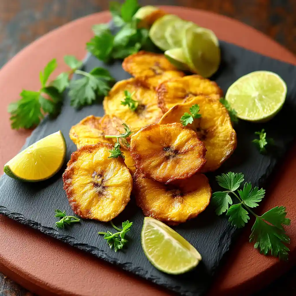 Plateau apéritif avec chips de banane dorées, quartiers de citron vert et coriandre fraîche sur ardoise
