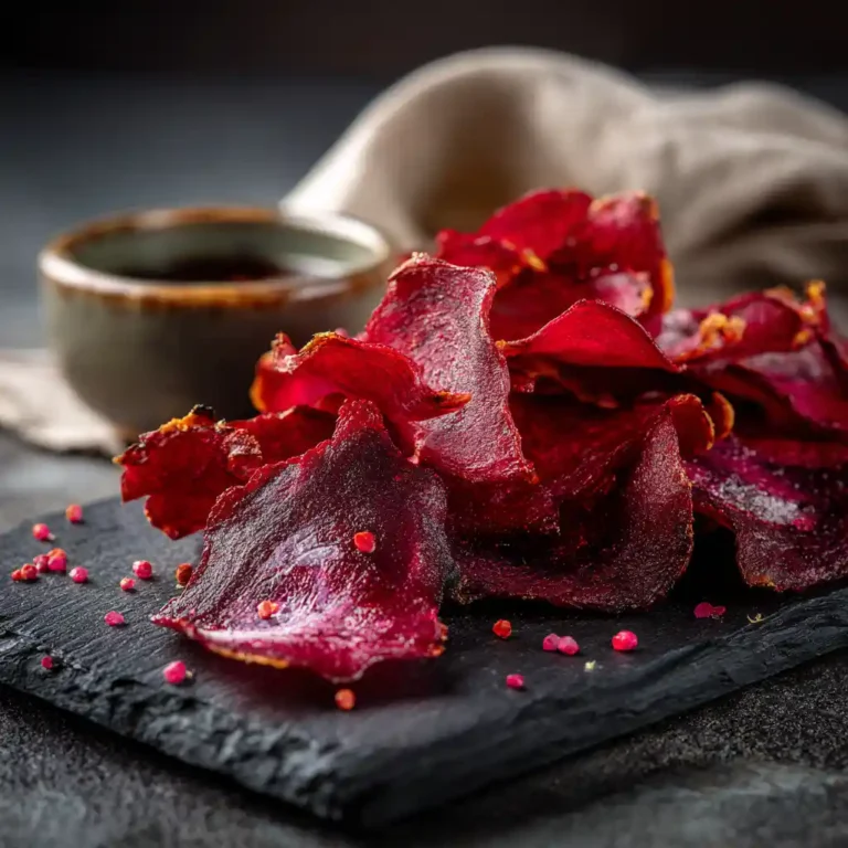 Chips de betterave croustillantes servies sur ardoise noire avec fleur de sel et baies roses