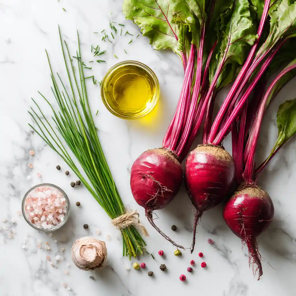 Ingrédients pour chips de betterave : betteraves crues, huile d'olive, fleur de sel et baies roses