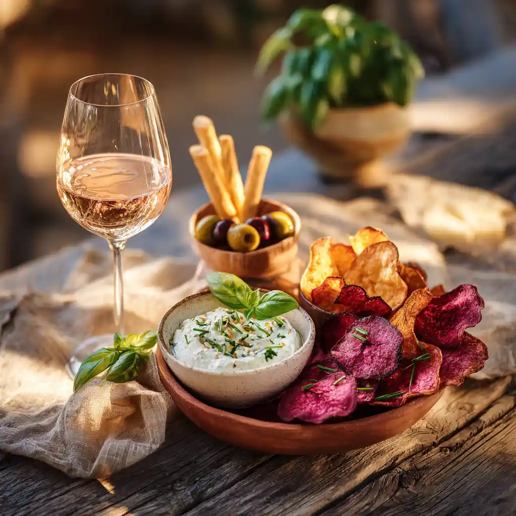 Plateau apéritif de chips de betterave avec sauce chèvre, olives et verre de rosé