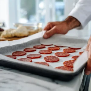 Tranches de chorizo disposées entre deux feuilles de papier sulfurisé sur une plaque de cuisson