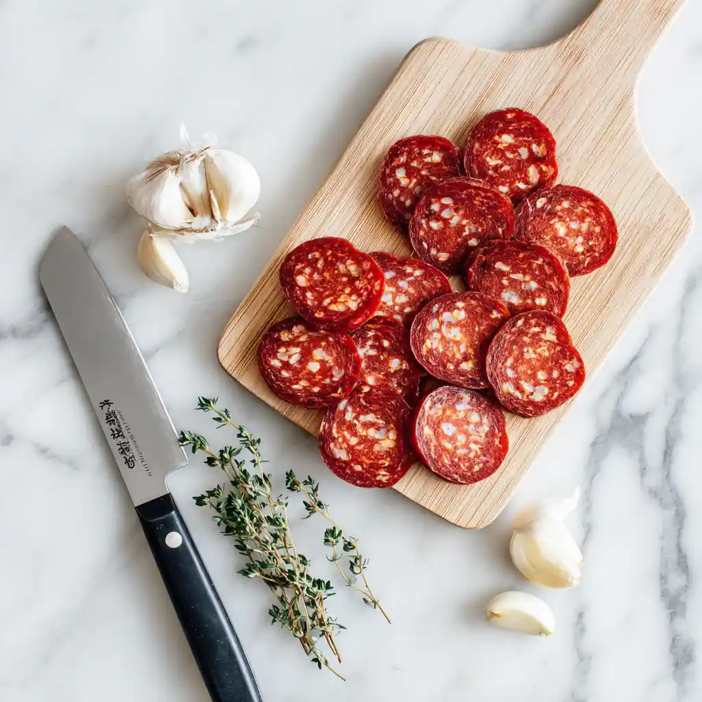 Chorizo espagnol sec entier et tranché en fines rondelles pour préparer des chips de chorizo