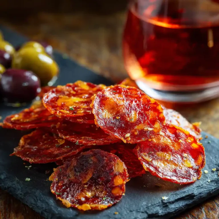 Chips de chorizo maison dorées et croustillantes disposées sur une ardoise noire