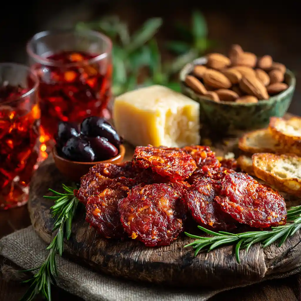 Planche apéritif avec chips de chorizo, fromage pecorino, amandes et olives méditerranéennes