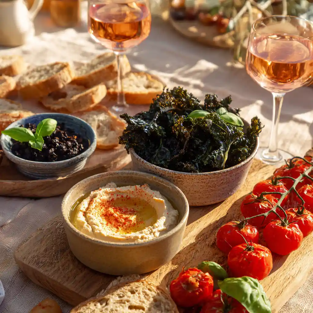Plateau apéritif avec chips de chou kale, houmous maison et tapenade d'olives noires servis à des amis