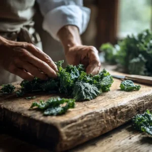 Mains du Chef Benoît déchirant les feuilles de chou kale en morceaux de taille chips sur planche en bois