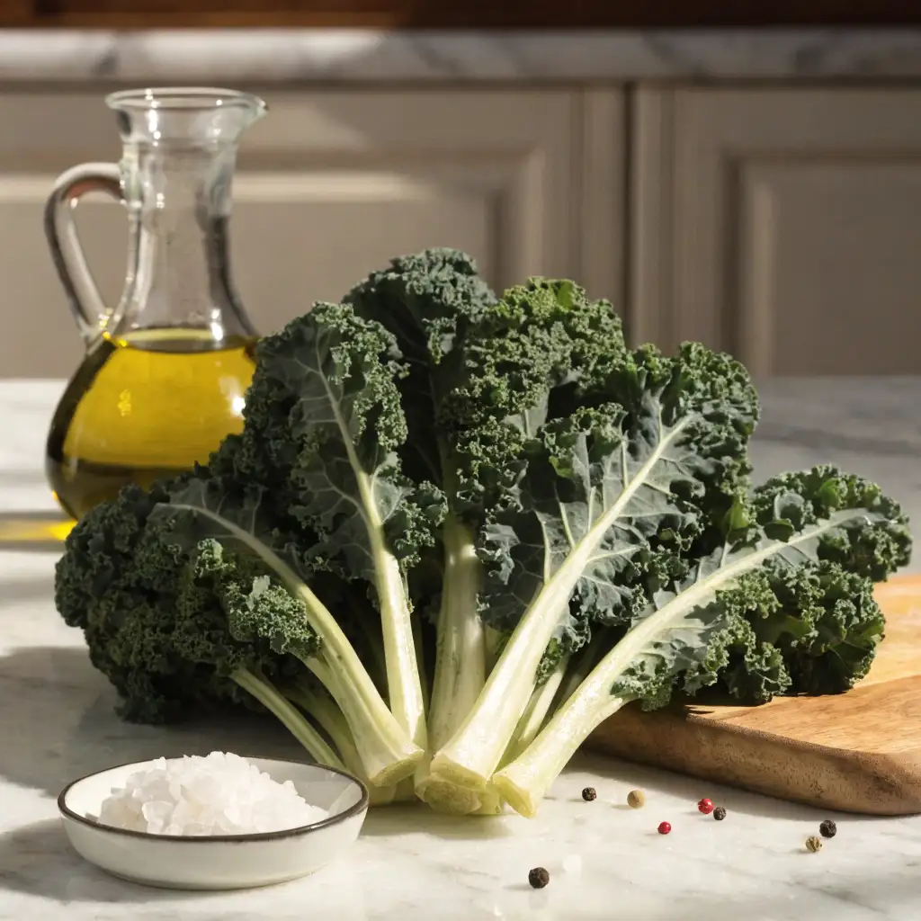 Ingrédients pour chips de chou kale : botte de kale frisé frais, fleur de sel et huile d'olive sur plan de travail