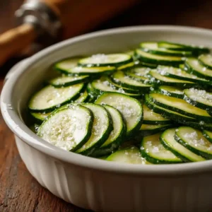 Étape de dégorgement des lamelles de courgette avec du gros sel dans une passoire