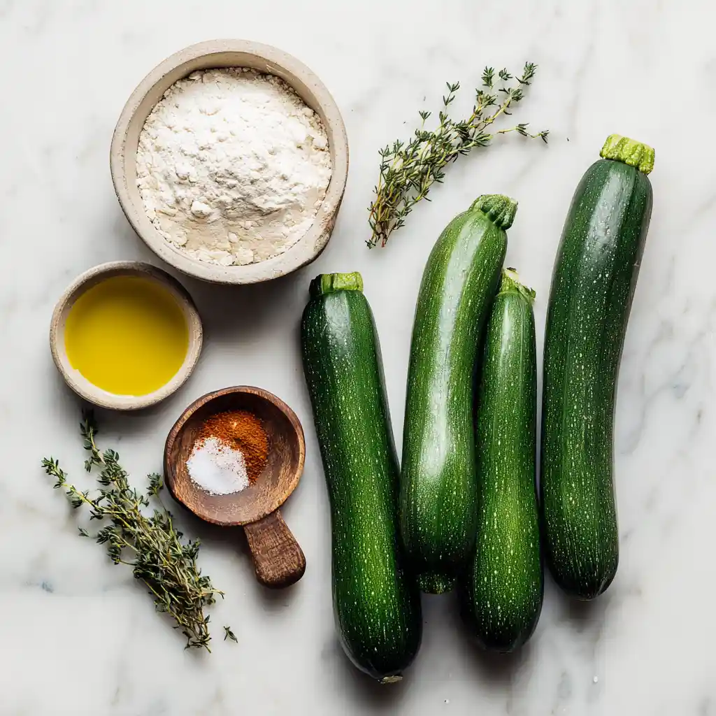 Ingrédients pour préparer des chips de courgette maison disposés sur un plan de travail