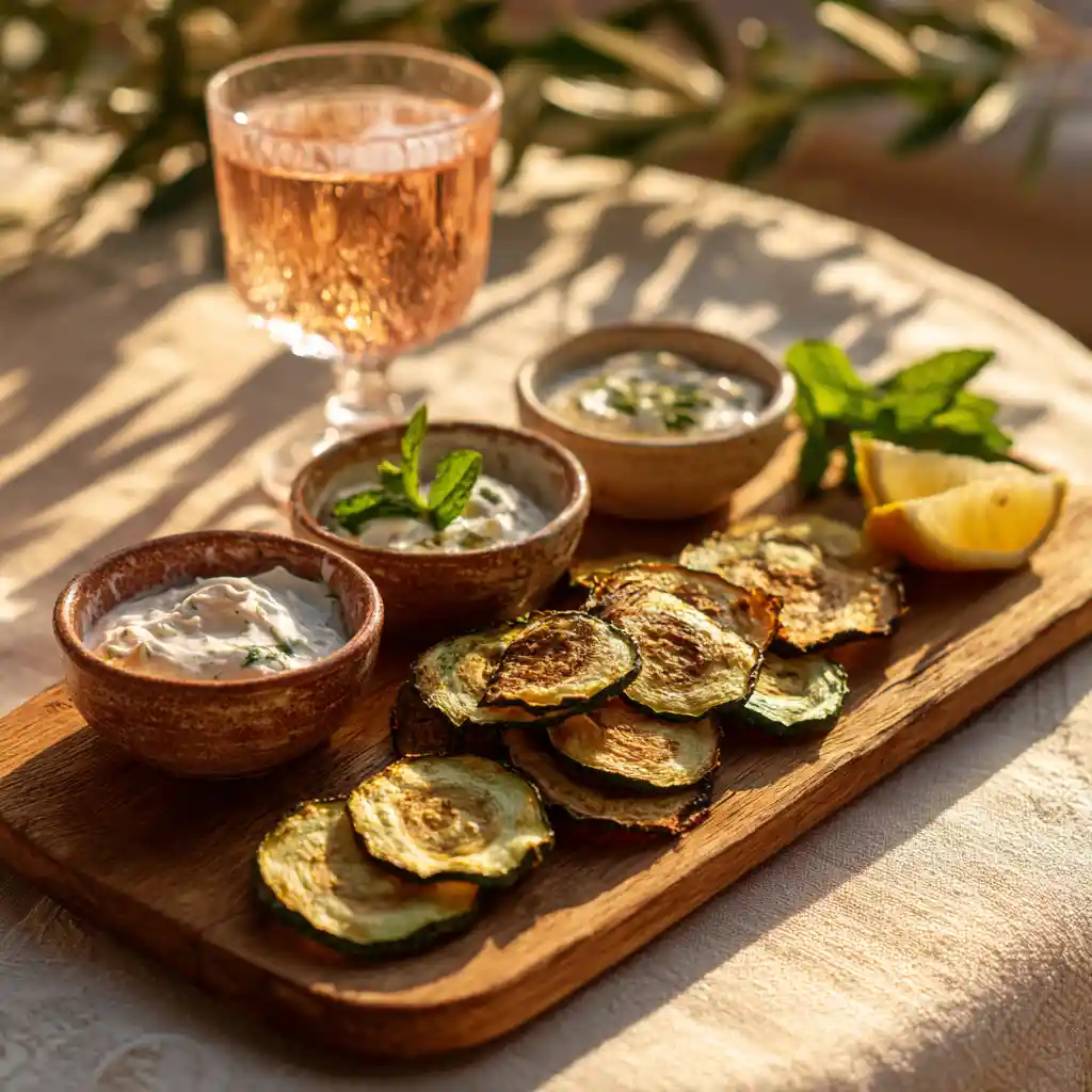 Planche apéritive avec chips de courgette maison, sauces et herbes fraîches