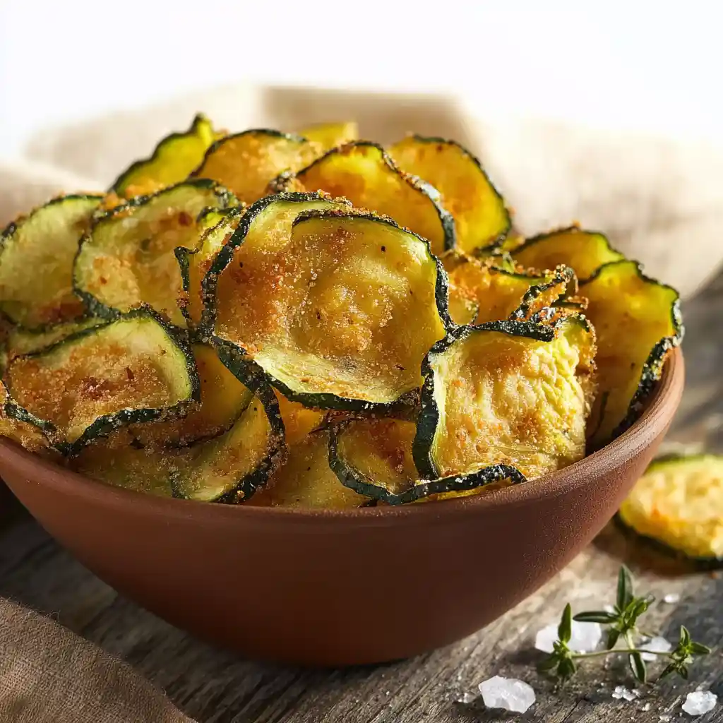 Chips de courgette dorées et croustillantes servies dans un bol en terre cuite