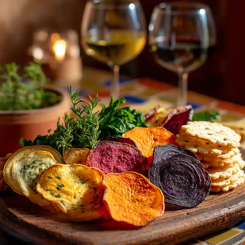 Plateau apéro avec chips de légumes et crackers maison